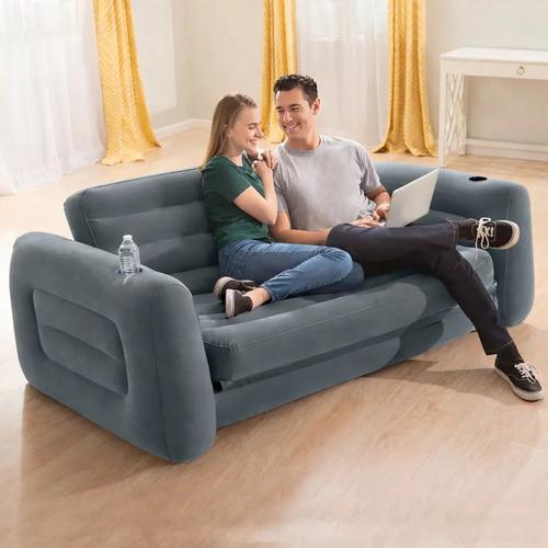 Sillon Cama Inflable Queen Reforzado + Inflador Casa Camping Azul