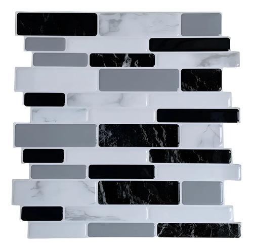 Azulejos Autoadhesivos 3d Mosaico Venecitas Para Cocina Baño Negro, Blanco Y Gris
