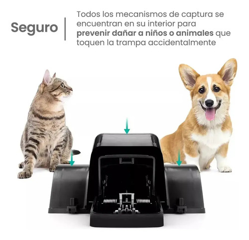 Trampa para ratas con gato y perro, mostrando mecanismos de seguridad interno para evitar contacto accidental.