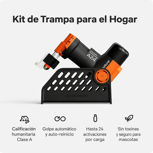 Kit de trampa para ratas automática con componentes y iconografía de beneficios: golpe automático, hasta 24 activaciones, sin toxinas.