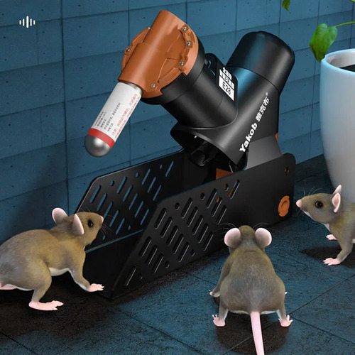 Trampa automática para ratas y ratones con mecanismo de disparo de CO2, base de captura perforada y composición de uso demostrado.