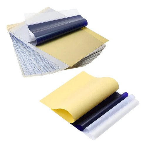 Papel hectográfico para tatuaje con componentes desapilados mostrando las capas amarilla, azul y blanca.
