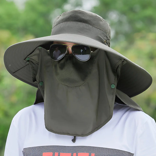 Sombrero de ala ancha con protección de cuello y cara, vista frontal en uso.