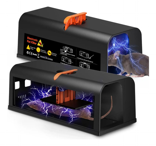 Trampa eléctrica para ratones con dos cámaras negras y asas naranjas, mostrando mecanismo de descarga de alta tensión.