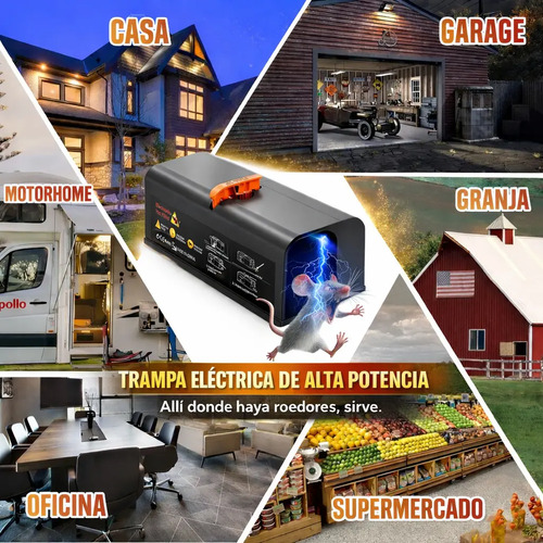 Trampa eléctrica para ratas mostrada en diferentes espacios: casa, garage, granja, motorhome, oficina y supermercado