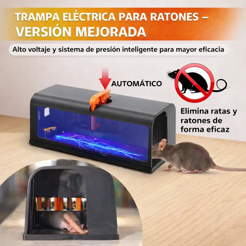 Trampa eléctrica para ratas versión mejorada: vista frontal con interior iluminado y detalle del mecanismo de captura automático