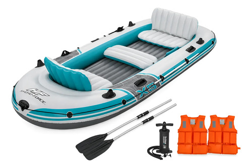 Bote inflable turquesa y blanco para cinco personas con remo, inflador y chalecos salvavidas incluidos