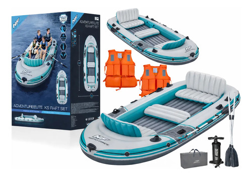 Kit de bote inflable para 5 personas con chalecos salvavidas naranjas, remos, inflador y bolsa de transporte