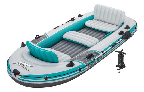 Bote inflable tipo gomón turquesa y blanco para 5 personas, con remo e inflador.