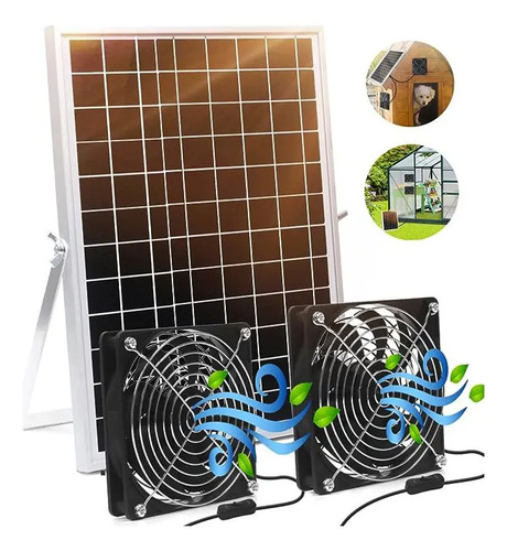Kit Ventilador Solar 15w Doble Invernadero Galpón Gallinero 47.75 Cm 20 / 45 Negro Plástico 7