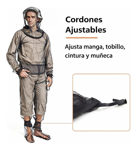 Traje antimosquitos gris con capucha de malla y detalle de cordón ajustable en muñeca