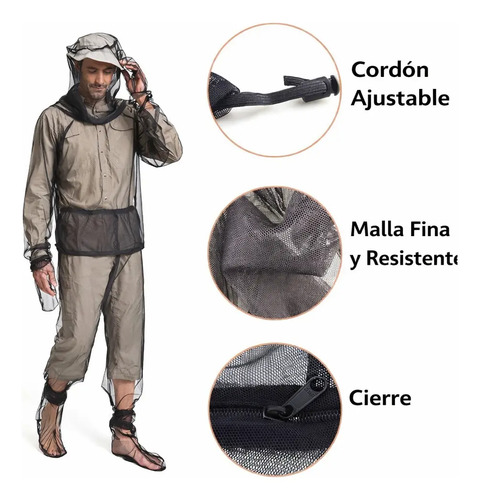 Detalles técnicos del traje antimosquitos: cordón ajustable, malla fina y resistente, y cierre. Modelo frontal vistiendo el traje completo.