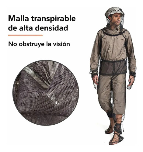 Detalle de malla transpirable y modelo vistiendo traje antimosquitos gris con capucha y pantalón para outdoor