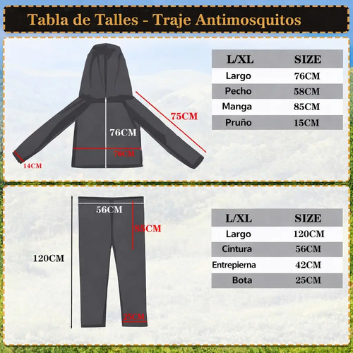 Tabla de talles del traje antimosquitos gris talle L con medidas de chaqueta y pantalón en centímetros.