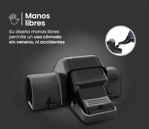 Trampa para ratas de doble entrada con texto 'Manos libres' y demostración de uso sin contacto directo