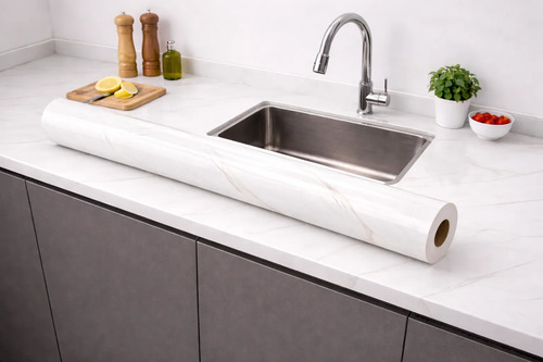 Papel adhesivo mármol blanco instalado en encimera de cocina con grifo y accesorios