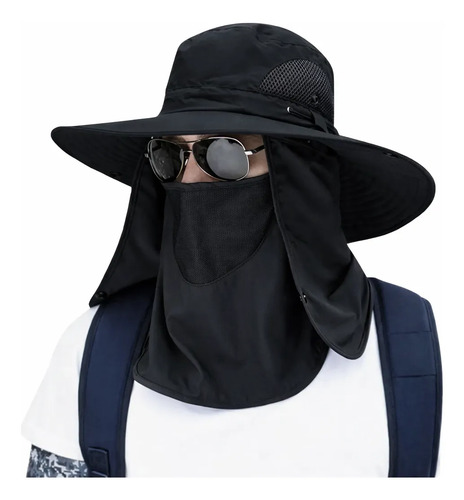 Sombrero negro protector con cubierta de cuello y cara, usado con gafas de sol