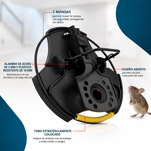 Infografía técnica de trampa para ratas reutilizable con sus componentes identificados y una rata a modo de referencia visual.