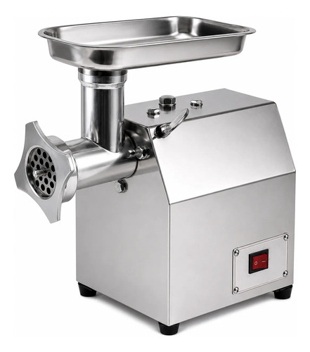 Picadora de carne eléctrica industrial de acero inoxidable, vista frontal con tolva y cabezal de molienda