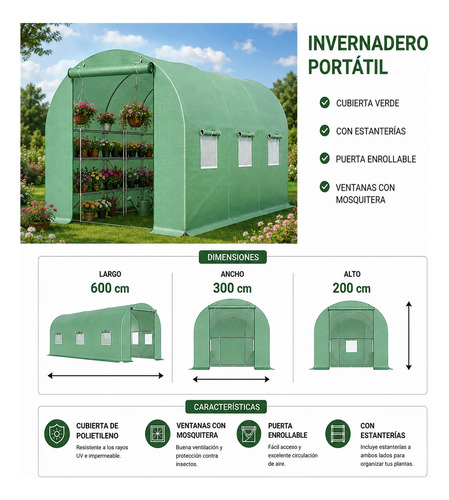 Invernadero Prefabricado Polietileno 6x3x2m Con Estantes Verde miniatura 2
