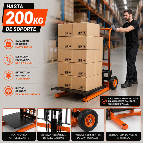 Carro Hidráulico Elevador Manual 200 Kg Plataforma Carga Naranja miniatura 4