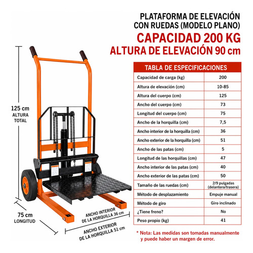 Carro Hidráulico Elevador Manual 200 Kg Plataforma Carga Naranja miniatura 5