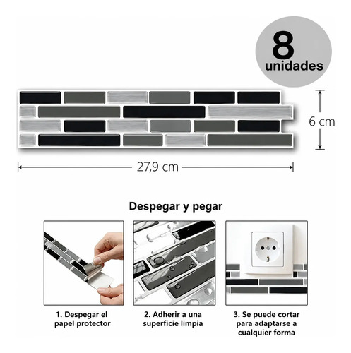 Placa Autoadhesiva Mosaico 3d Guarda Pared Impermeable 8ud Negro / Gris / Plateado miniatura 2