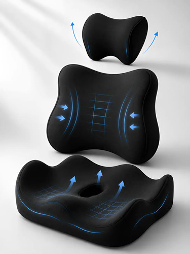 Los tres almohadones ergonómicos del kit con iconografía de flechas azules indicando flujo de circulación y estructura interna