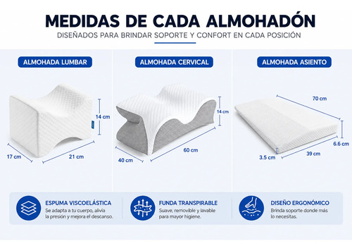 Kit 3 Almohadones Ortopédicos Cervical Lumbar Piernas Visco Blanco miniatura 7