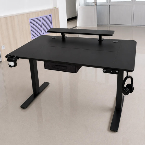 Escritorio eléctrico motorizado negro con superficie regulable en altura y panel de control lateral