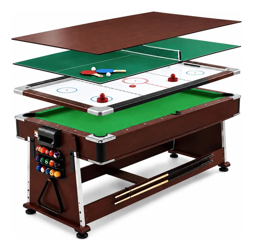 Mesa de billar 4 en 1 con capas desmontables: tablero de pool, ping pong, tejo y tapa comedor