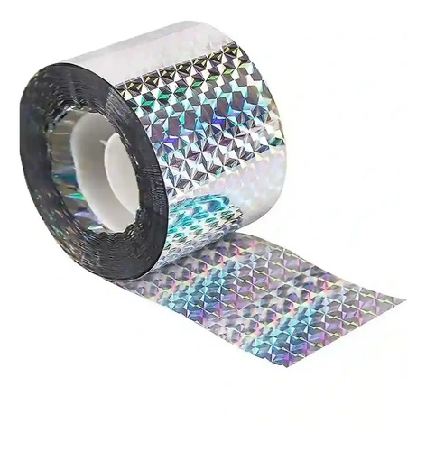 Rollo de cinta holográfica espanta palomas con patrón de diamantes iridiscentes en colores plateado, azul y morado
