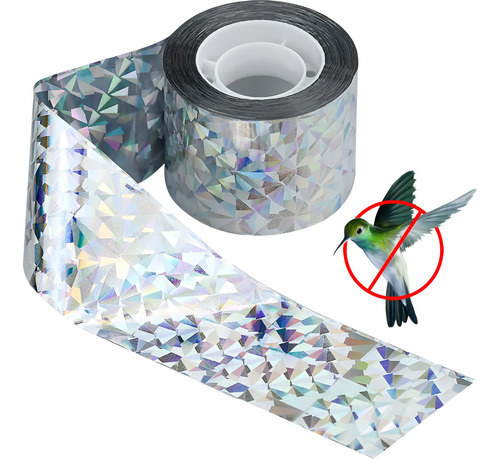 Cinta reflectante holográfica enrollada y desenrollada, con icono de ave tachada indicando función de repelente.