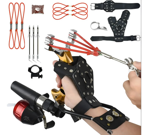 Kit de resortera para pesca con muñequera de cuero, mira óptica, proyectiles y accesorios, vista de todos los componentes.