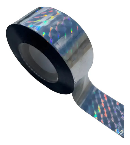 Rollo de cinta holográfica espanta aves con patrón reflectante multicolor, base negra y diseño para ahuyentar cotorras y golondrinas.