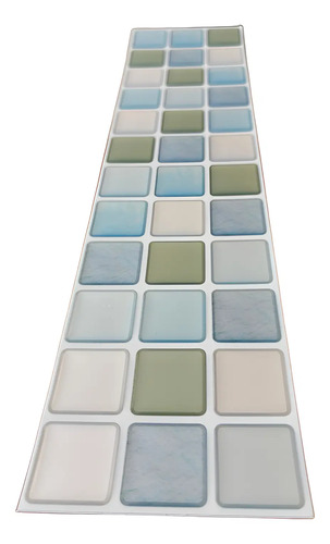 Seis placas autoadhesivas de mosaico 3D en tonos celeste, verde y beige organizadas verticalmente