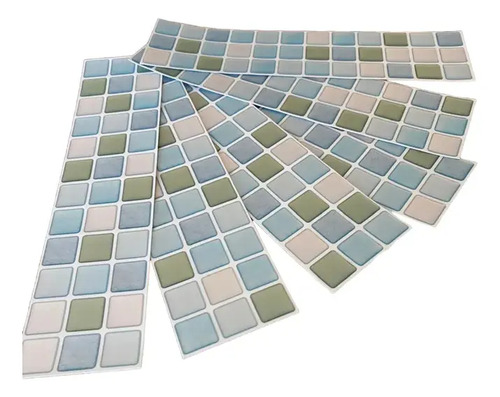 Seis placas autoadhesivas mosaico 3D en tonos celeste, gris y beige dispuestas en abanico