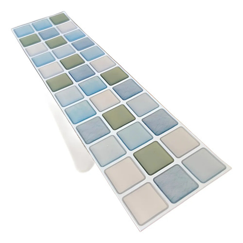 Placa autoadhesiva mosaico 3D con azulejos en tonos celestes, grises y beige, vista de los 6 módulos del pack