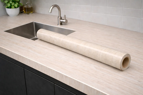 Rollo de papel autoadhesivo madera clara sobre mesada de cocina blanca con pileta de acero