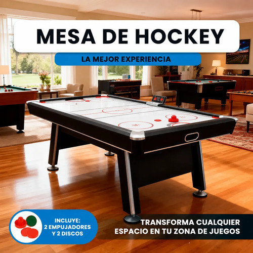 Mesa de air hockey profesional negra con superficie blanca de juego, instalada en sala de estar junto a otros juegos de salón