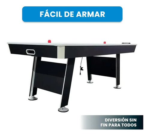 Mesa de tejo air hockey profesional de 2 metros, vista frontal en perspectiva. Estructura negra con patas plateadas y marcador electrónico.