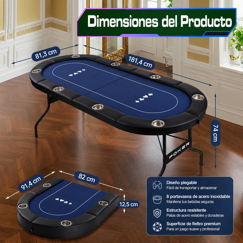 Mesa De Poker Plegable 8 Jugadores Texas Holdem Blackjack Negro miniatura 2