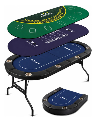 Mesa de poker plegable 8 jugadores con tapetes verdes y azules desmontables y base de almacenamiento separada