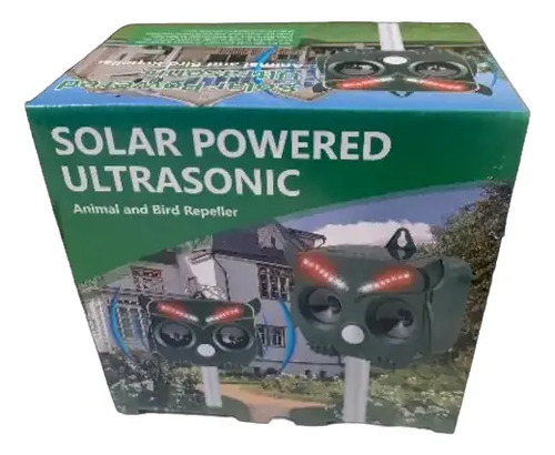 Caja de repelente ultrasónico solar para pájaros y animales con dispositivo negro y detalles de instalación.