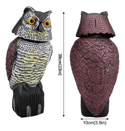 Búho ahuyenta pájaros, vista frontal y trasera, 33 cm de altura x 10 cm de ancho