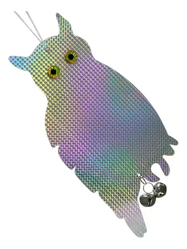 Búho espanta pájaros holográfico con efecto gradiente de colores y esferas de sonido en la base