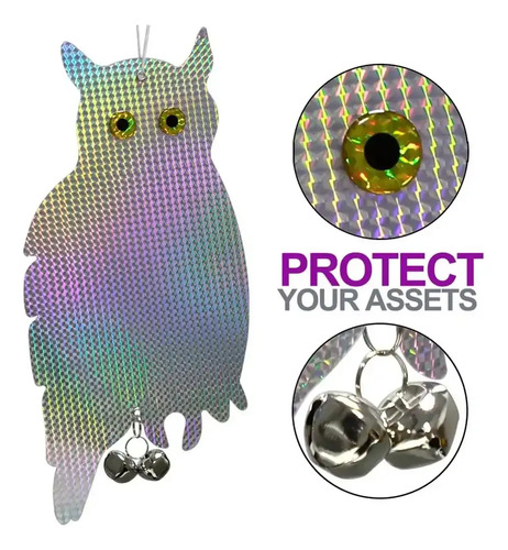 Búho espanta pájaros holográfico con acabado reflectante multicolor, iris brillante y campanas metálicas