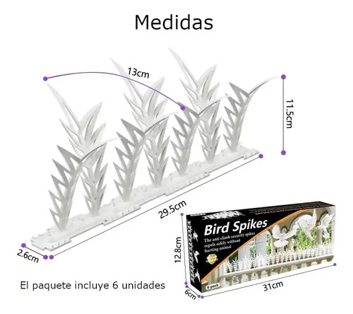 Medidas técnicas de los pinchos espanta pájaros: 11 cm alto, 29,5 cm ancho, 12,8 cm profundidad, con detalle del paquete de 6 unidades.