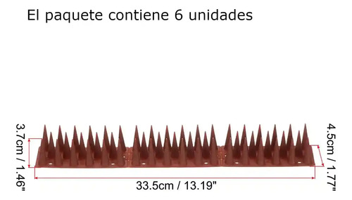 Pincho ahuyenta pájaros con medidas: 33,5 cm de largo y puntas de 3,7 a 4,6 cm de alto. Paquete de 6 unidades.
