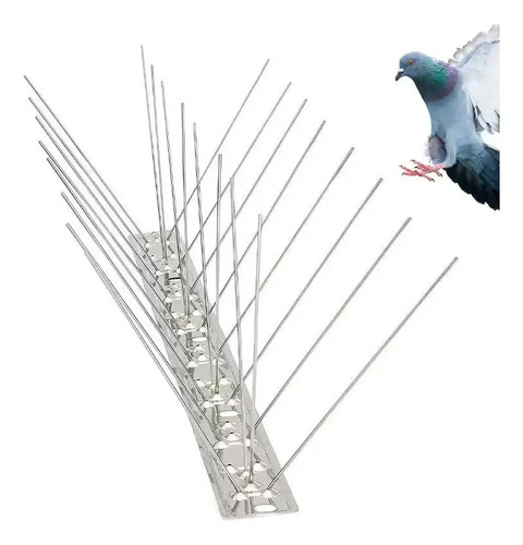 Púas anti palomas de acero inoxidable con estructura de múltiples púas en abanico, junto a imagen de referencia de paloma